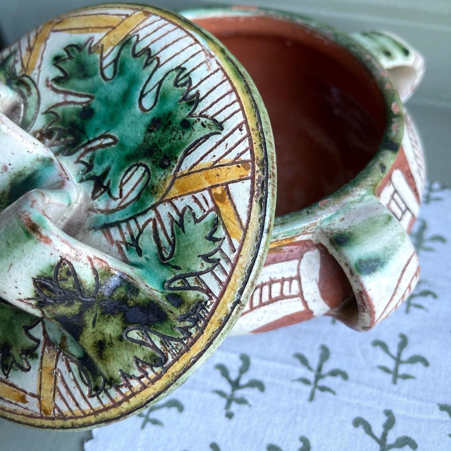 Italian Sgraffito Terracotta Covered Dish