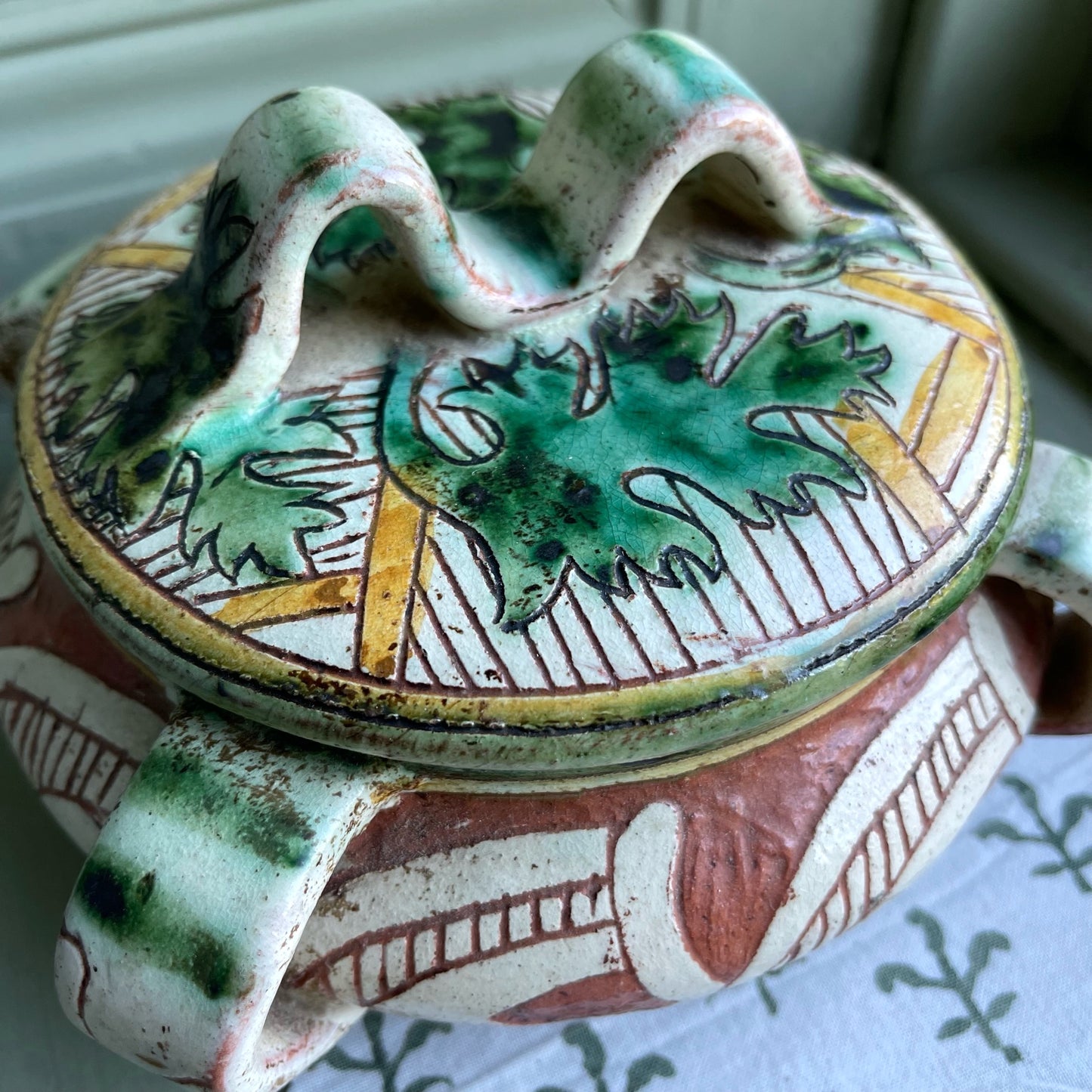 Italian Sgraffito Terracotta Covered Dish