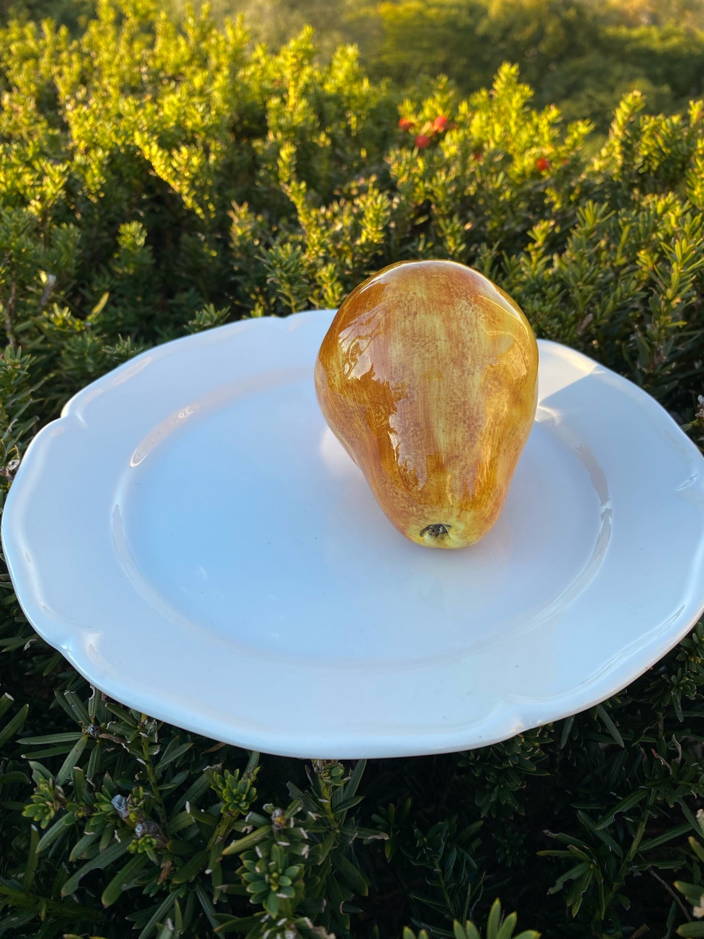 Porcelain Bosc Pear on a Fluted Plate
